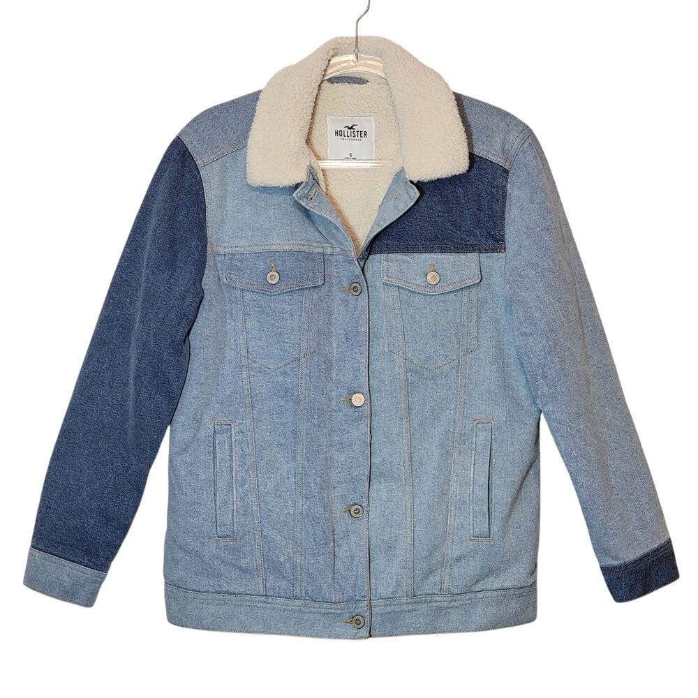 Hollister NWT Blue Patchwork Denim Boyfriend Jacket Sherpa Lined Size S